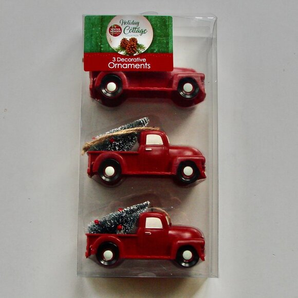 Antique Red Truck With Christmas Tree Ornament Set of 3 BRAND NEW - Picture 1 of 7